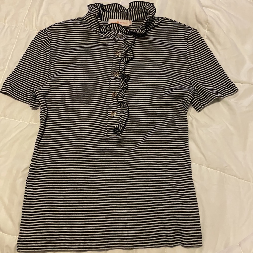 Tory Burch ruffled polo striped top